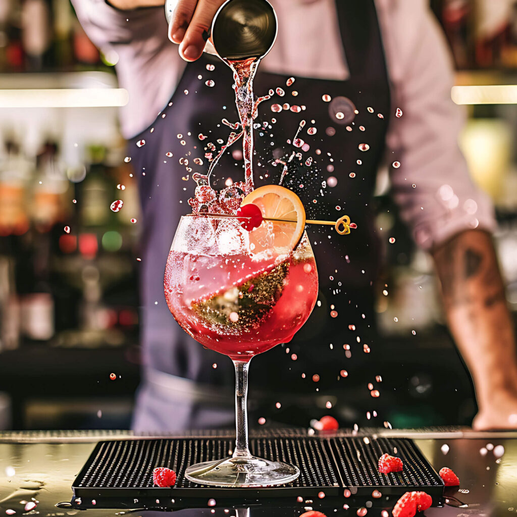 PACE events Ein Barkeeper gießt einen rosafarbenen Cocktail in ein großes Glas mit Eis, Himbeeren, einer Limettenscheibe und einer Orangenscheibe, wodurch ein Spritzer entsteht. Im Hintergrund ist eine unscharfe Barszene zu sehen.