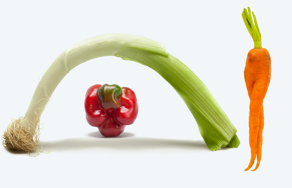 Ein Lauch in einem Bogen über einer roten Paprika mit einer Karotte daneben, alle aufrecht auf einem schlichten hellen Hintergrund.