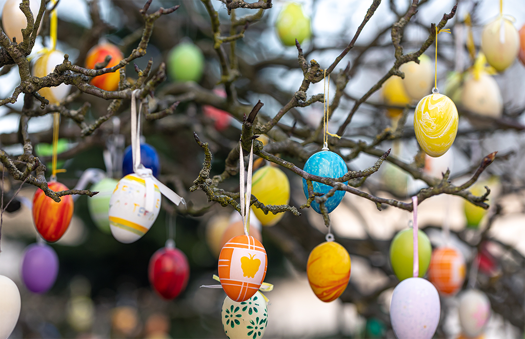An den kahlen Ästen eines Baumes hängen bunte Ostereier, die mit verschiedenen Mustern und Designs verziert sind und so ein festliches und fröhliches Bild ergeben. Der Hintergrund ist sanft verschwommen.
