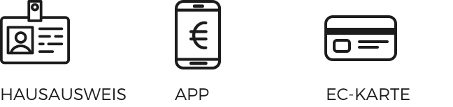 Drei Icons: ein Ausweis mit der Aufschrift HAUSAUSWEIS, ein Smartphone mit einem Euro-Symbol mit der Aufschrift APP und eine Zahlungskarte mit der Aufschrift EC-KARTE.