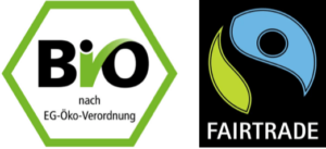 Zwei Zertifizierungslogos: links ein grünes Sechseck mit Bio nach EG-Öko-Verordnung, rechts das blau-grüne Fairtrade-Symbol mit dem Text FAIRTRADE darunter.