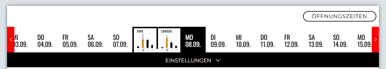 A horizontal calendar shows the dates from Wednesday, September 4, to Monday, September 16. There are two bar charts for September 9 labeled FHR and CANTEEN. The OPENING TIMES button is visible.