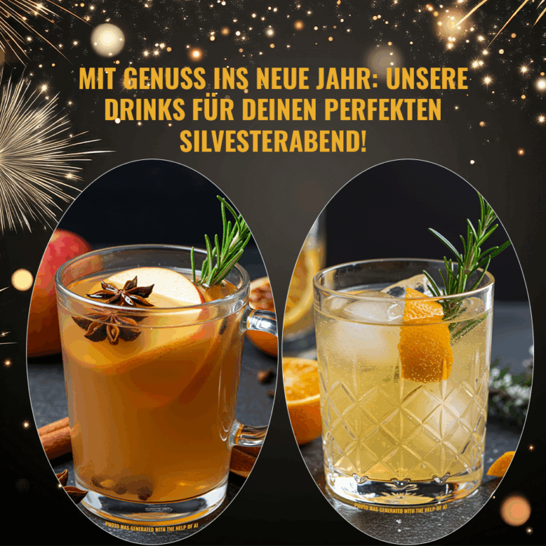 Zwei Festtagsgetränke in Gläsern - eines heiß mit Gewürzen und Sternanis, das andere kalt mit Zitrusfrüchten und Rosmarin garniert. Funkelnde Lichter und ein deutscher Text wünschen einen guten Rutsch und ein leckeres 2026 im gemütlichen, feierlichen Hintergrund.