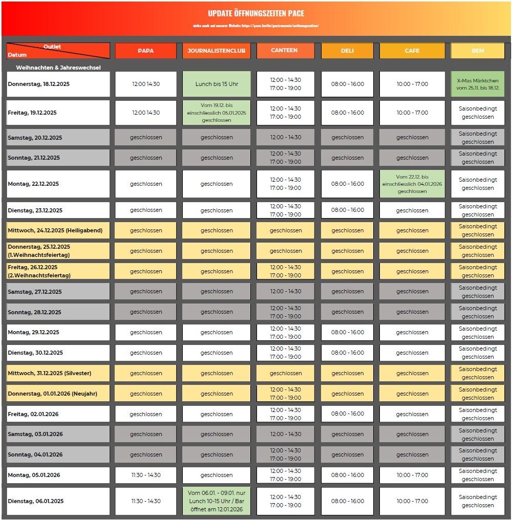 Eine Tabelle zeigt die aktualisierten Öffnungszeiten für verschiedene gastronomische Angebote bei PACE während des Jahreswechsels und der Feiertage (Dez. 2024-Jan. 2025), wobei viele Tage als geschlossen gekennzeichnet sind.