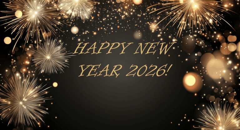 Ein goldenes Feuerwerk erhellt die Ränder eines dunklen Hintergrunds mit funkelndem Bokeh. In der Mitte steht in goldener Schrift HAPPY NEW YEAR, 2026! und Guten Rutsch, umgeben von festlichen, leuchtenden Lichtern für ein gesundes Jahr.