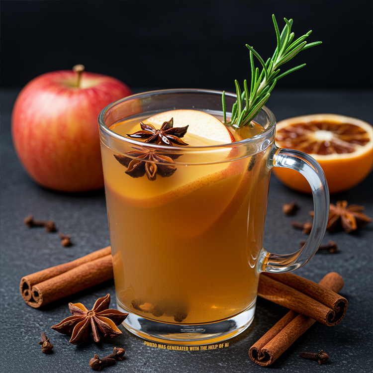 A glass jug filled with delicious 2026 apple cider, garnished with rosemary and apples, stands surrounded by cinnamon sticks, star anise, and citrus fruits—perfect for ringing in the New Year!