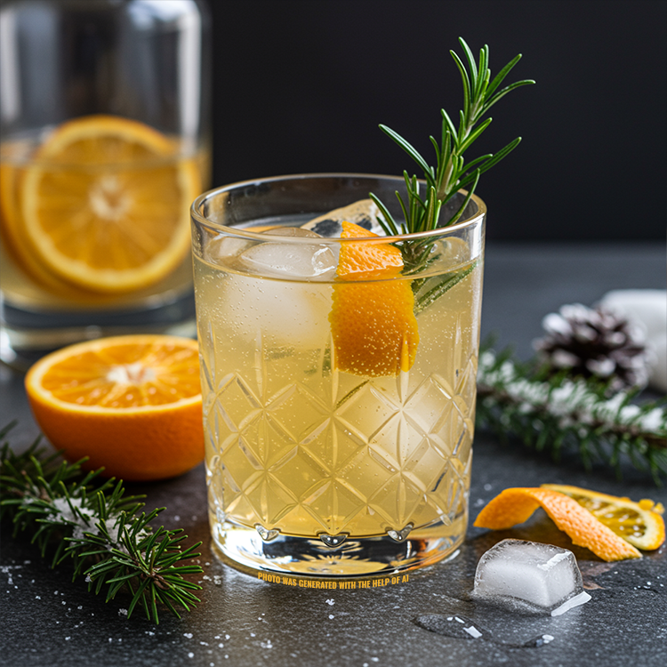 A cocktail glass with ice, orange peel, and a sprig of rosemary sits on a dark surface surrounded by orange slices, rosemary, ice cubes, and a pine cone—perfect for a delicious 2026. Another drink with orange slices can be seen blurred in the background.