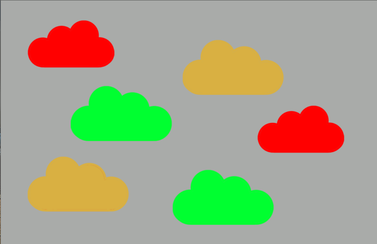 Sechs Wolken im Cartoon-Stil auf grauem Hintergrund: zwei rote Wolken oben links und in der Mitte rechts, zwei gelblich-braune Wolken oben rechts und unten links und zwei grüne Wolken in der Mitte links und unten mittig - ein Bild für mehr Klimaschutz.