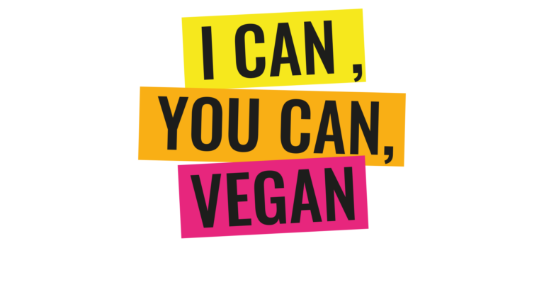 Textgrafik mit drei bunten Blöcken, auf denen zu lesen ist: ICH KANN in Gelb, DU KANNST in Orange und VEGAN in Rosa, alles fett auf Weiß - perfekt, um während Ihrer VEGANUARY 2026-Reise das Tempo hochzuhalten oder Inspirationen und Rezepte zu teilen.