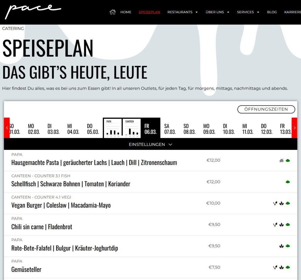 A digital menu from Pace Restaurant shows daily changing specials for March 2, 2023, including pasta with smoked salmon, pollock fillet, vegan burger, chili, and beetroot falafel—each with price, plate icons, and a focus on climate protection.