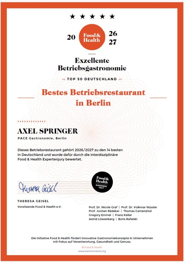 A German certificate recognizing PACE Gastronomy as the best company cafeteria in Berlin for 2026/2027, featuring signatures, a gold seal, and the Food & Health Cafeteria Test branding in red and black, which highlights the 5-star rating.