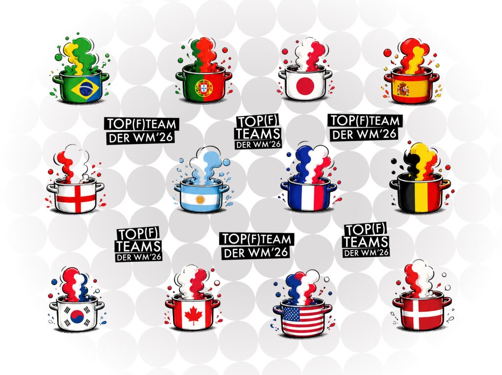 Cartoon-Töpfe mit Länderflaggen stoßen bunten Dampf aus, um die TOP Teams der WM 26 zu feiern. Der Text lautet: TOP(FI)MANNSCHAFTEN DER WM 26.