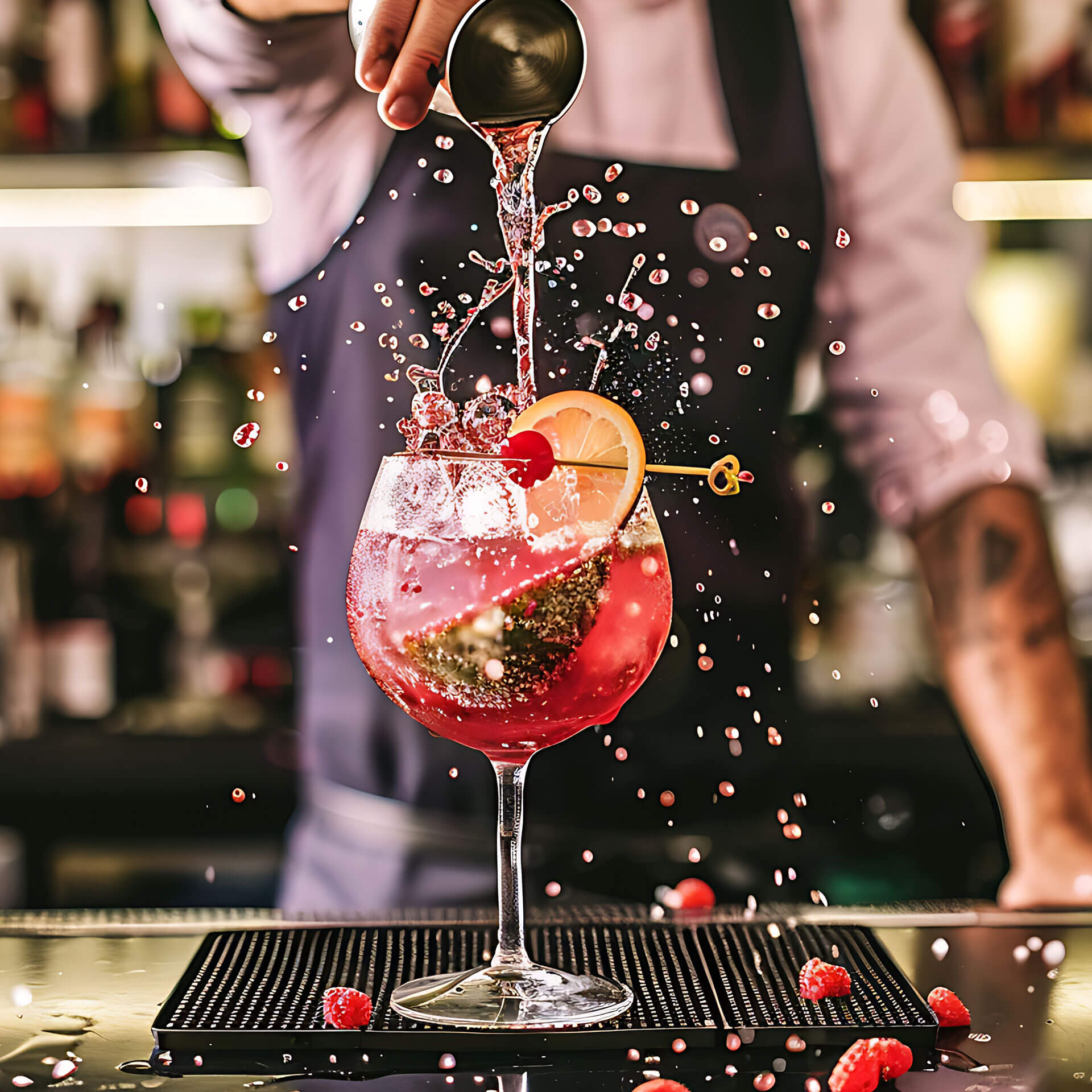 Ein Barkeeper gießt einen leuchtend rosafarbenen Cocktail in ein großes Glas, das mit einer Zitronenscheibe, Kräutern und Beeren garniert ist, wobei Flüssigkeit und Tropfen energisch in der Luft auf dem Bartresen spritzen.