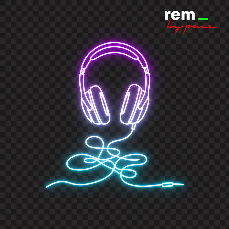 Neon-Illustration von Kopfhörern mit einem verhedderten Kabel, das in Lila und Blau leuchtet, auf einem transparenten dunklen Hintergrund. Bühne frei für Talente, wie rem bypace in der oberen rechten Ecke in weißer, grüner und roter Schrift steht.