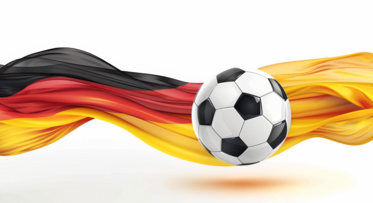 Vor einer wehenden deutschen Flagge mit schwarzen, roten und gelben Streifen auf weißem Hintergrund liegt ein Fußball, der den Geist von „WIR KÖNNEN ES EINFACH NICHT LASSEN“ verkörpert.