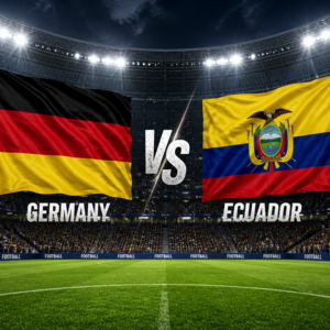 Zwei große Flaggen – links die deutsche und rechts die ecuadorianische – stehen sich in einem mit jubelnden Fans gefüllten Stadion gegenüber. Dazwischen steht das Wort „VS“, darunter die Bezeichnungen „Deutschland“ und „Ecuador“ – „WIR KÖNNEN ES EINFACH NICHT LASSEN!“.