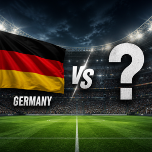 Ein Fußballstadion mit der Aufschrift „Deutschland“ und einer deutschen Flagge auf der linken Seite, „VS“ in der Mitte und einem Fragezeichen auf der rechten Seite verkörpert diesen „WIR KÖNNEN ES EINFACH NICHT LASSEN“-Geist – Deutschland wartet auf seinen nächsten großen Gegner.