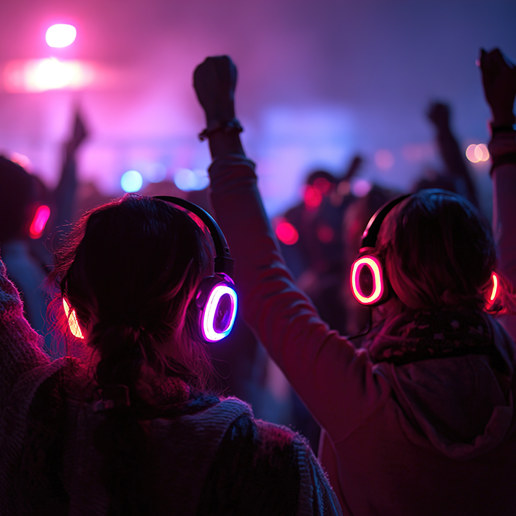 People wearing glowing headphones dance at a silent disco at night, while colorful lights illuminate the background and hands are raised in the air.