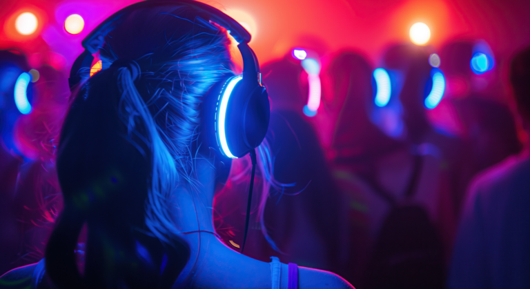Eine Person mit leuchtenden Kopfhörern steht inmitten einer Menschenmenge in einer Silent-Disco, beleuchtet von bunten blauen und rosafarbenen Lichtern in einer dunklen, lebendigen Atmosphäre - es ist Bühne frei für verborgene Talente, um zu strahlen.