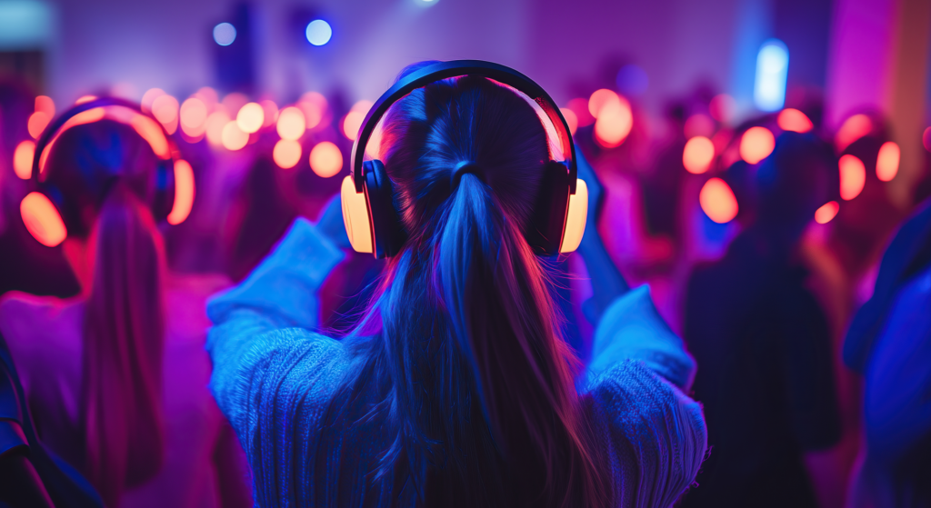A group of people wearing glowing headphones are enjoying a lively silent disco in a dimly lit room, moving to the beat of the music under blue and pink lights. The focus is on a person with a ponytail, seen from behind.