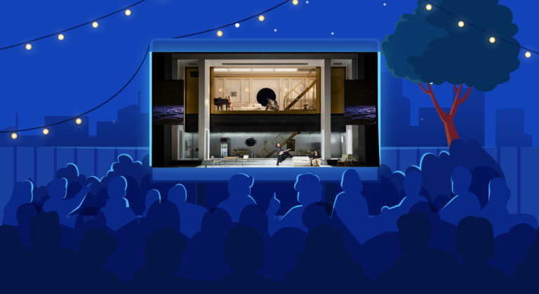 Illustration einer Menschenmenge, die nachts in Berlin einen Film unter freiem Himmel verfolgt, mit Lichterketten über den Köpfen, einem Baum auf der rechten Seite und einer großen Leinwand, auf der eine Szene aus dem BILD.de-Livestream aus einem modernen, zweistöckigen Haus zu sehen ist.