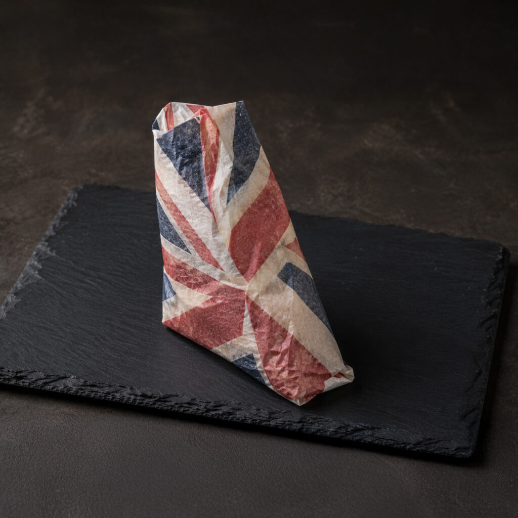Ein in Papier mit dem Union-Jack-Muster eingewickeltes Geschenk liegt auf einer schwarzen Schieferfläche vor einem dunklen Hintergrund.