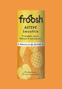 A yellow can of “Froosh Active Smoothie” featuring images of pineapple and fruit. The label highlights pineapple, apple, banana, lemongrass, and added vitamins for a strong immune system; it also notes that no sugar or concentrate has been added. Orange background.