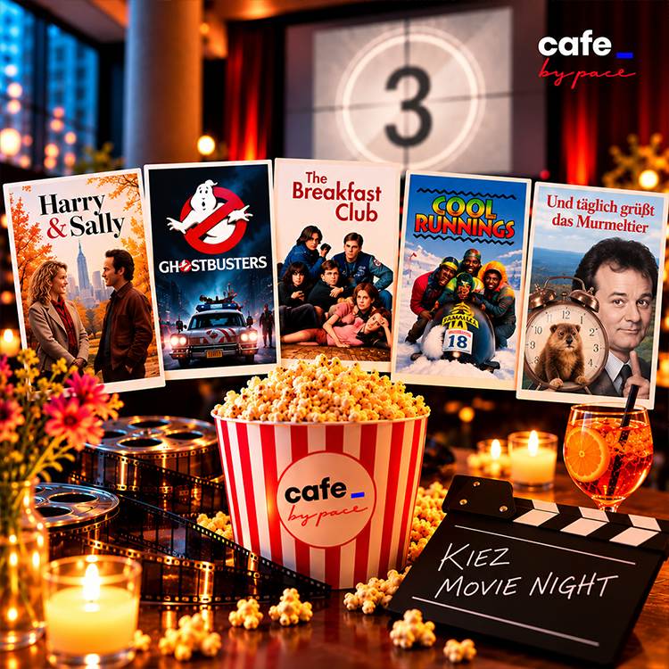 A bowl of popcorn and a Kiez Movie Night clapperboard in front of classic movie posters for *When Harry Met Sally*, *Ghostbusters*, *The Breakfast Club*, *Cool Runnings*, and *Groundhog Day*.