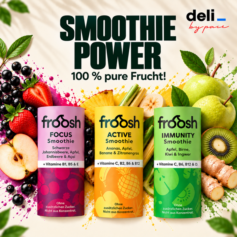 Drei Froosh-Smoothie-Flaschen mit den Aufschriften Focus, Active und Immunity, umgeben von Abbildungen der jeweiligen Fruchtzutaten.