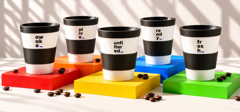 Fünf weiße Kaffeetassen mit schwarzen Streifen, beschriftet mit den Worten wach, lebendig, ungefiltert, bereit und frisch, sind auf bunten Podesten angeordnet, auf denen für das Kaffeeteam vereinzelte Kaffeebohnen verstreut liegen.
